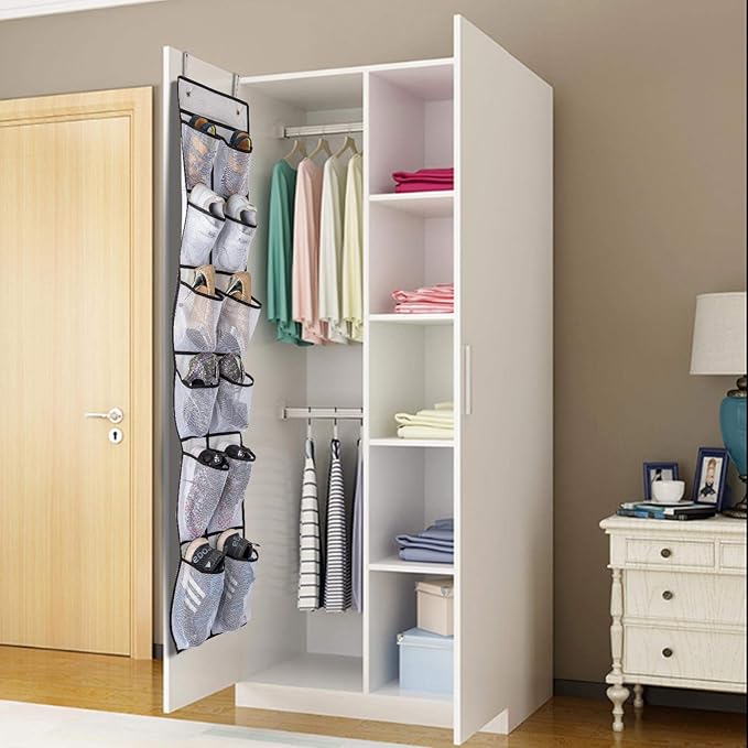 KEEPJOY Over The Door Shoe Organizer 2 Pack,Mesh Pockets Hanging Shoe Rack Over The Door,Shoe Storage Closet with 4 Hooks,Was