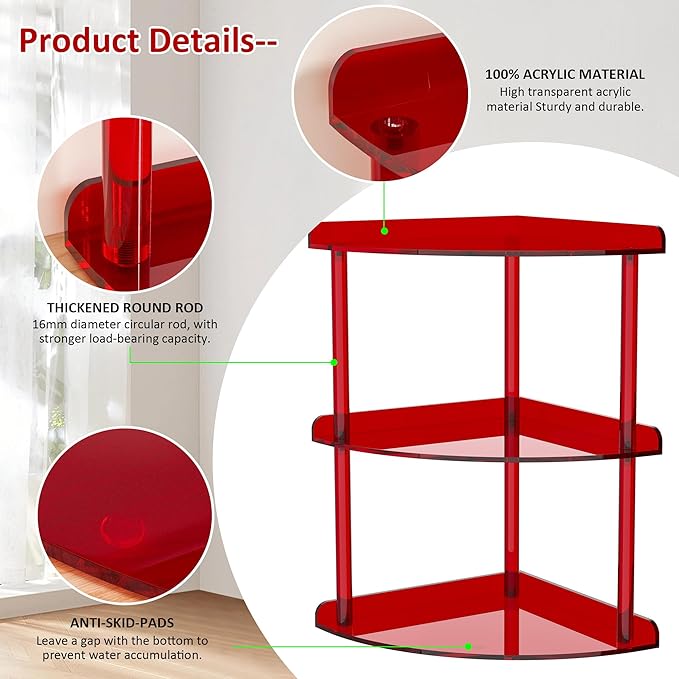 Sezanrpt 3 Tier Acrylic Corner Shelf Organizer Storage 9.5x9.5x15.7 Inch, Red Countertop Corner Shelf for Bathroom, Kitchen, 