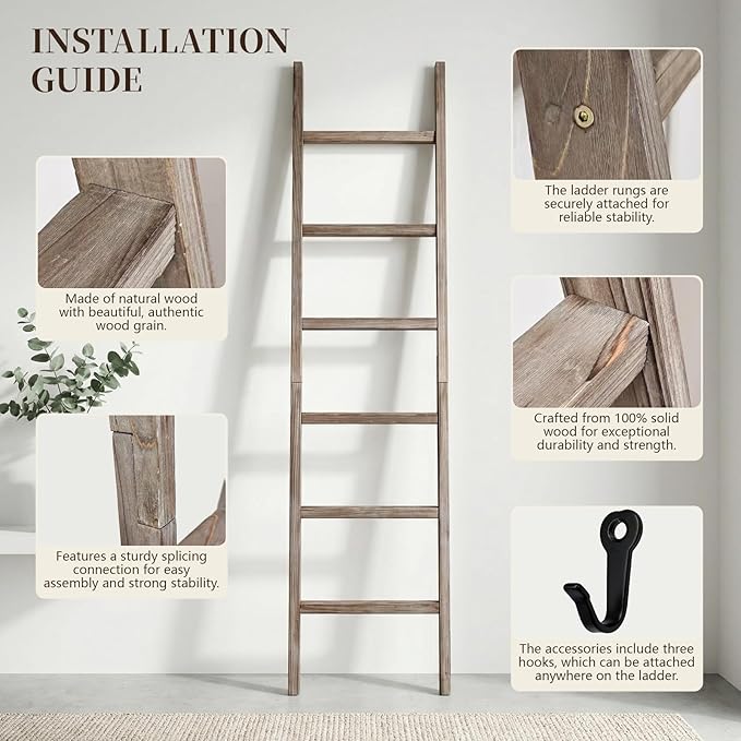 Blanket Ladder 76in Wooden Ladder Shelf Living Room Bathroom Bedroom Decorative Wall Leaning Farmhouse Quilt Display Holder R