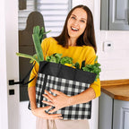 WISELIFE Reusable Grocery Shopping Bags 10 Pack Large Foldable Tote Bags Bulk, Long Handle for Shopping Groceries Clothes (Plaid C)