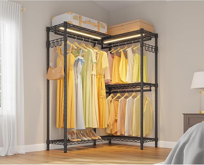 VIPEK L4L Portable Closet with Dimmable LED Lights, L Shaped Clothes Rack for Corner Space-Saving Storage, 3 Hanger rods for 