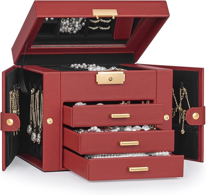 TORIBIO Jewelry Box for Women, Leather Jewelry Organizer with Mirror & Lock, 4-Tier Jewelry Storage Organizer with 3 Drawers 
