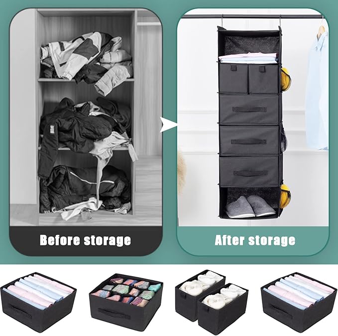 6-Shelves Hanging Closet Organizer with 5 Different Drawers, Foldable Closet Organizers and Storage for Wardrobe, Closet& RV,