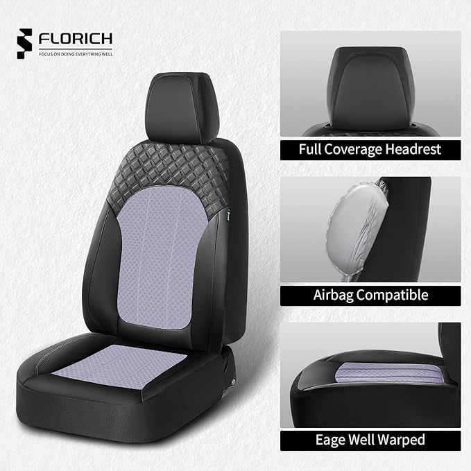FLORICH Seat Cover Front and Rear Purple Car Seat Cover Mesh Leather Seat Covers Full Set Breathable Car Seats Cushion Protec
