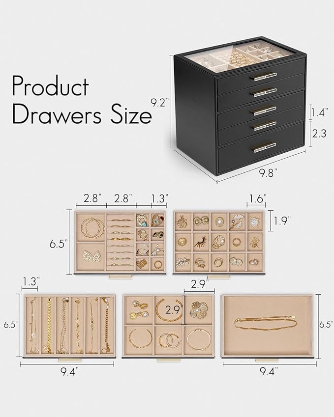Vlando 5 Layer Jewelry Box for Women, Glass Lid Jewelry Organizer with 5 Drawers for Necklaces Rings Earrings Bracelets - Bla