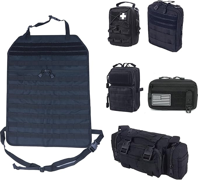 Universal Tactical Car Seat Back Organizer Bag Tactical Molle Vehicle Organizers Panel Vehicle Protector Organizers with 5 Detachable Pouches for Car (Upgraded A black)