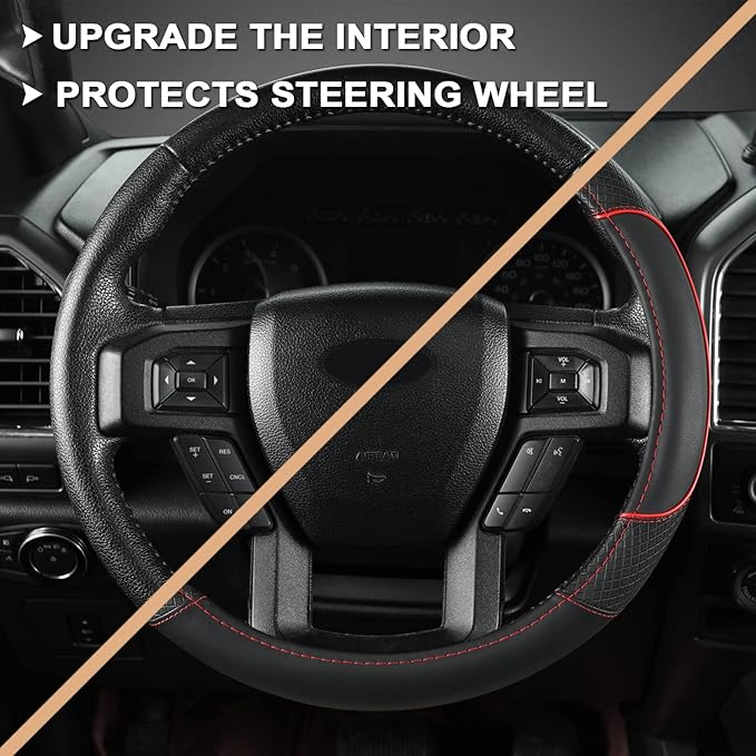 GIANT PANDA Steering Wheel Cover for Ford F150 F250 F350 Expedition - Black+Red Trim