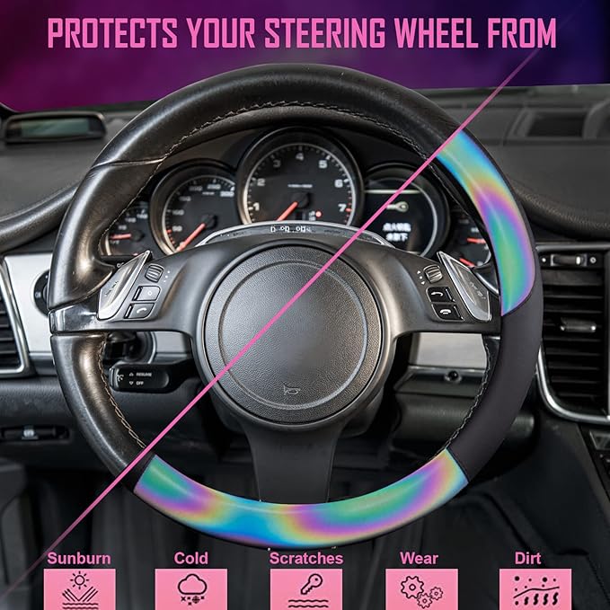 CAR-GRAND Chameleon Iridescent Reflective PU Leather Steering Wheel Cover,15Inch Universal Fit for 95% Suvs,Sedans,Vans,Truck