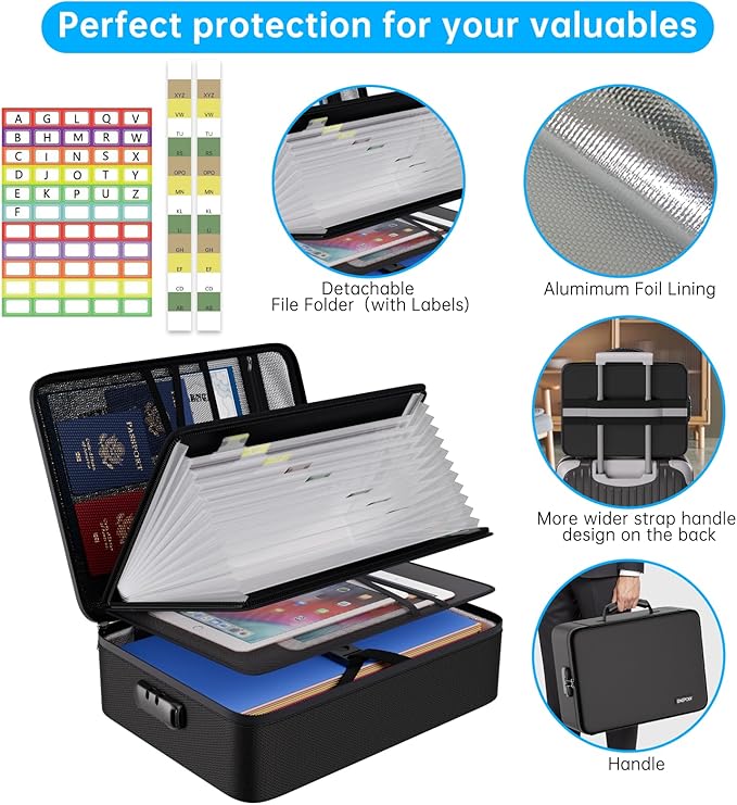 ENGPOW File Organizer Bag with 13 Pocket Accordion File Folder, Fireproof Document Organizer with Lock& Labels,Multi-Layer Po