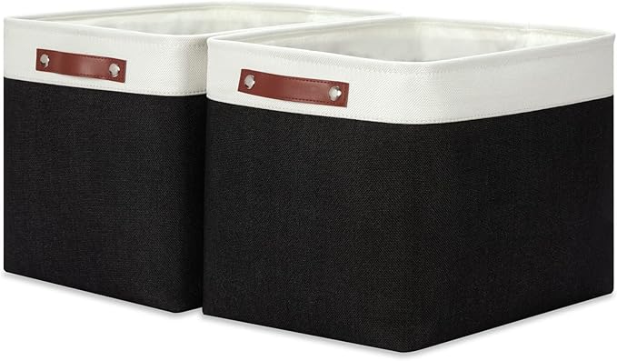 HNZIGE Decorative Organizer Baskets for Shelves 16"×11.8"×11.8" Large Storage Bins with Leather Handles (2 Pack) Foldable Sto