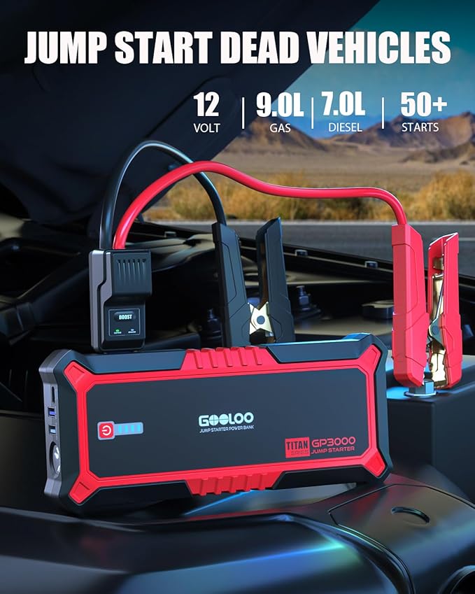 GOOLOO Upgraded GP3000 Jump Starter 3000A Peak Car Starter (Up to 9L Gas or 7L Diesel Engine) 12V Jump Box Auto Lithium