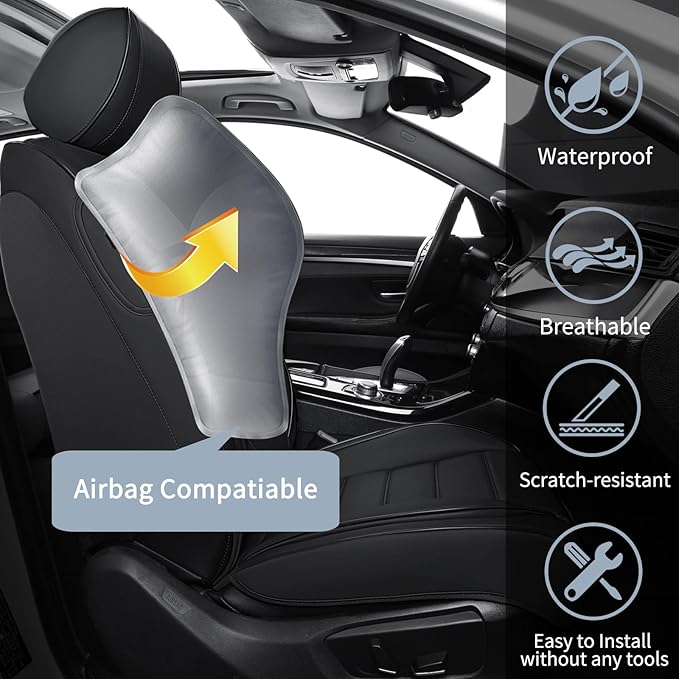 Front Car Seat Covers, 2Pcs Universal Leather Seat Covers for Cars, Full Coverage Waterproof Automotive Seat Covers, Breathab