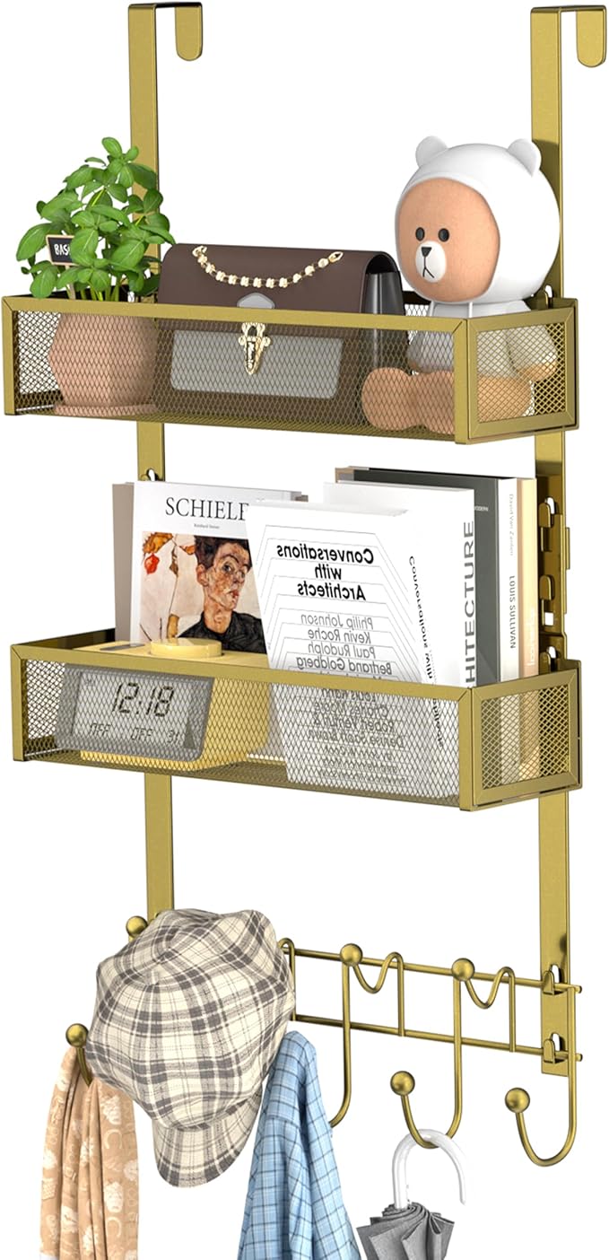 HapiRm Over The Door Hanger with Coat Hooks and 2 Baskets, Rustproof & Waterproof Over The Door Hooks, Storage Organizer for 