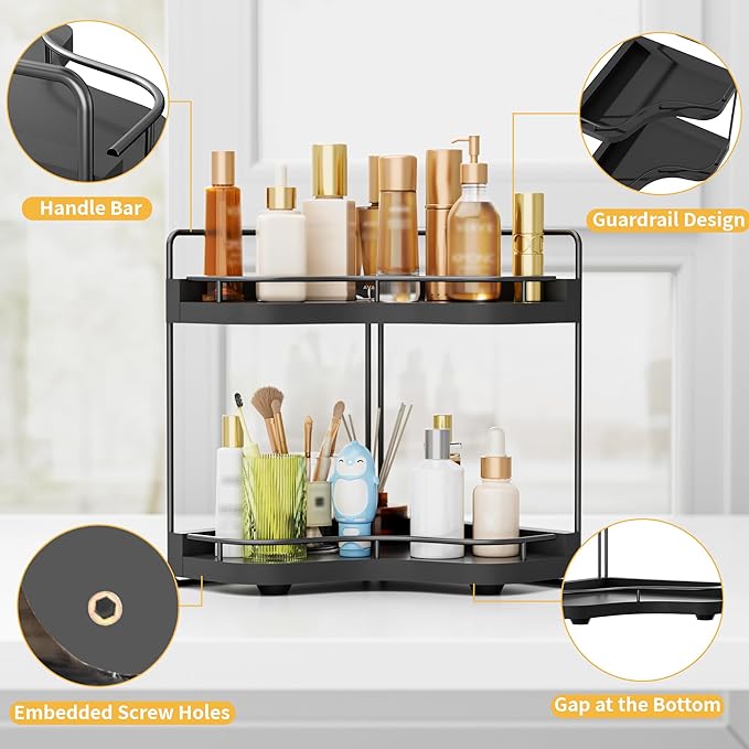 2-Tier Corner Bathroom Counter Organizer with Embedded Screw Holes, Secure & Stable Wood Vanity Shelf for Makeup and Skincare
