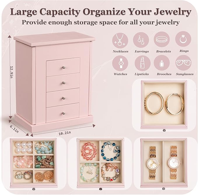 Emfogo Jewelry Boxes for Women, 5-Layer Large Leather Jewelry Organizer Box with Mirror and Drawers, Jewelry Storage for Neck