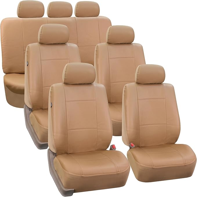 FH Group Car Seat Covers PU Leather 3 Row 7 Seater Car Seat Covers, Airbag Compatible and Split Bench - Fit Most Car, Truck, 