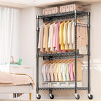 M MZG Heavy Duty Rolling Garment Rack 3 Tiers Adjustable Wire Shelving Clothes Rack with 2 Rods and Side Hooks, Storage Close