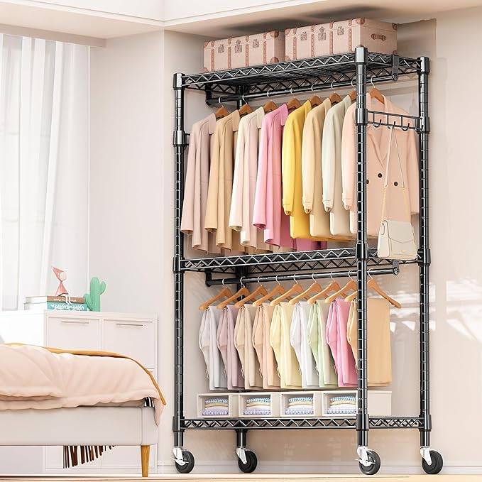 M MZG Heavy Duty Rolling Garment Rack 3 Tiers Adjustable Wire Shelving Clothes Rack with 2 Rods and Side Hooks, Storage Close