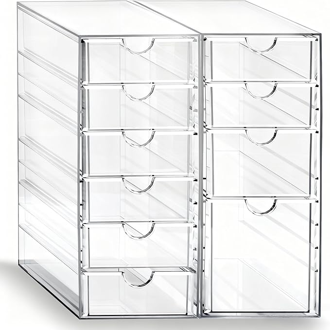 Prsildan Acrylic Drawer Makeup Organizer with 10 Drawers, Set of 2 Office Desk Organizers Accessories, Clear Stackable Storag
