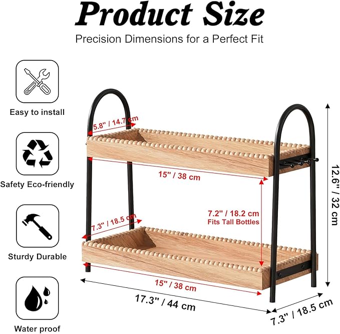 2-Tier Large & Medium Perfume Organizer with 8 Hooks for Jewelry, Bathroom Countertop & Vanity Tray Makeup Shelf - Space Savi