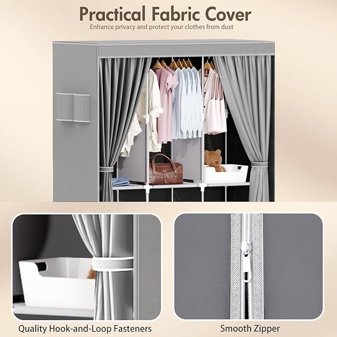 ALSO GO Portable Closet, Storage Organizer Wardrobe with Non-Woven Fabric Cover, with 3 Hanging Rods, 6 Storage Shelves and S