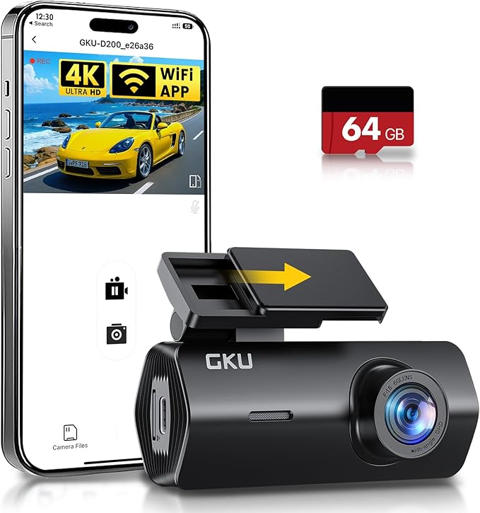 GKU 4K Dash Cam Front, Mini DashCam Includes 64GB Card, Dash Camera Built-in WiFi, 24H Parking Monitor,Night Vision,WDR,170° 