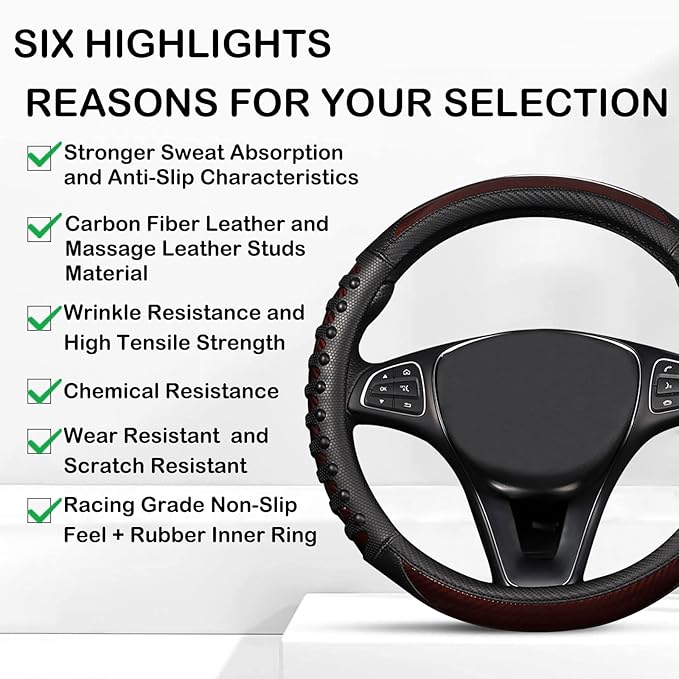 3D Massage Car Steering Wheel Cover,14.5-15 Inch Universal Brown Carbon Fibre Leather Covers Breathable Anti-Slip Odorless St