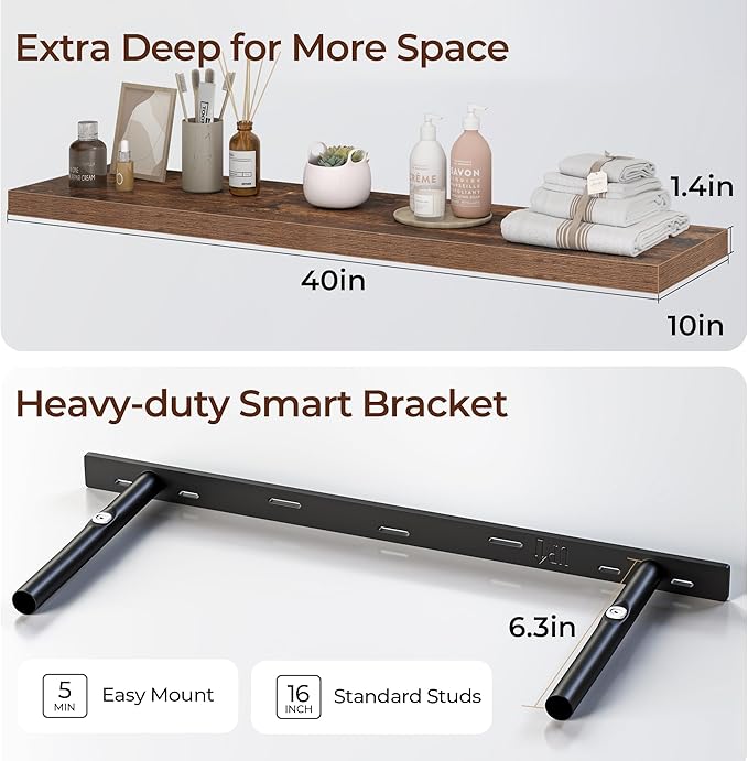 Fun Memories Floating Shelves for Wall 40 Inch Set of 3, Farmhouse Floating Shelves with Invisible Heavy Duty Bracket, 10 Inc