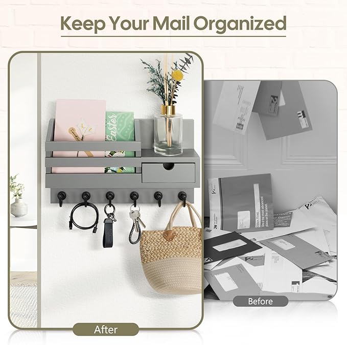 FifthQuarter Key and Mail Holder for Wall, Mail Organizer Wall Mount with 6 Hooks and Storage Drawer, Easy Installation Key R