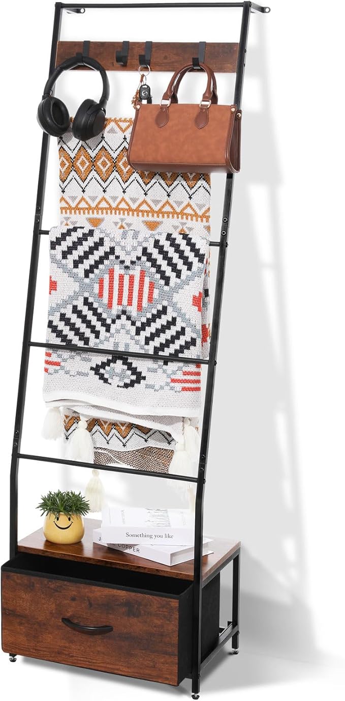 Metal Blanket Ladder with Storage Drawer, 5 Tier Rustic Blanket Rack with Hooks for Living Room, Bedroom, Farmhouse Decor – 5