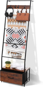 Metal Blanket Ladder with Storage Drawer, 5 Tier Rustic Blanket Rack with Hooks for Living Room, Bedroom, Farmhouse Decor – 5