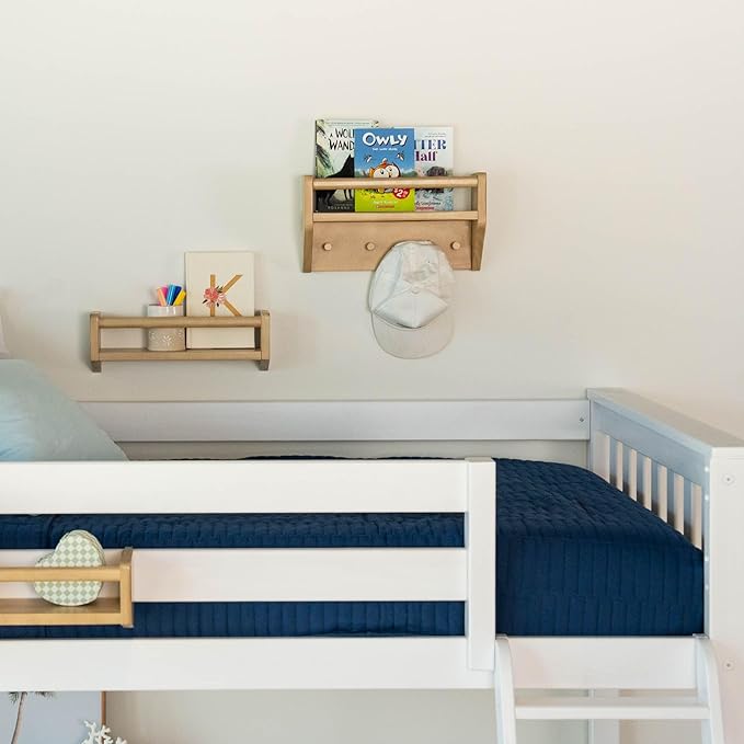 Max & Lily Wall Shelf with Pegs, 16 Inch Floating Bookshelf for Kids Room, Solid Wood Wall-Mounted Storage Shelf with Hooks f