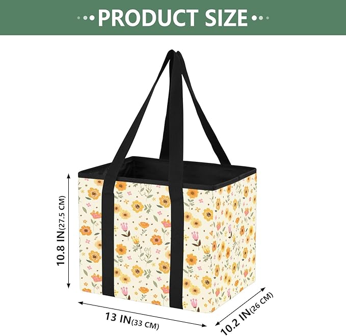 Orange Flowers Reusable Grocery Bags Large Shopping Tote Bag with Reinforced Bottom Board, Water Resistant Foldable Storage B
