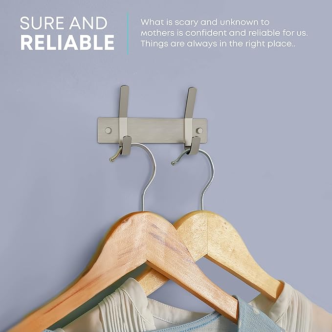 Small Coat Rack Wall Mount – Brushed Nickel 6 Inch Stainless Steel Hook Rail with 2 Heavy Duty Double Coat Hooks – Wall Mount