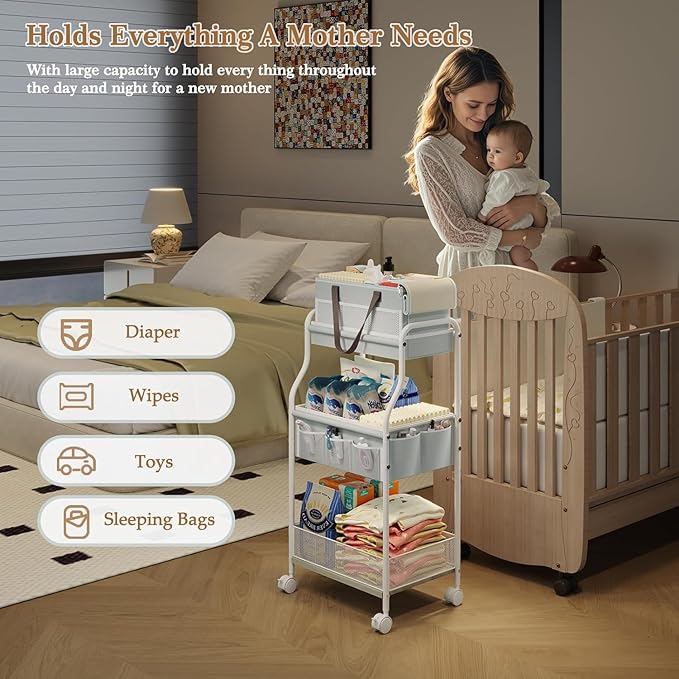 2In1 Baby Diaper Caddy & 3-Tier Rolling Diaper Cart, Diaper Caddy Organizer Cart with Dividers & 12 Pockets, Nursery Bedside 