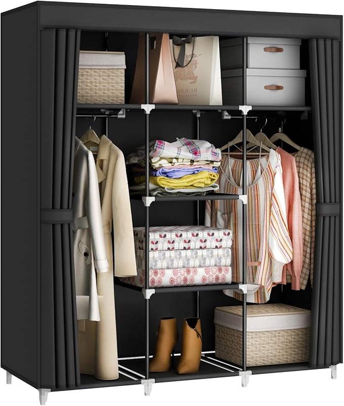 MOGELAFOO Portable Closet Wardrobe, 51-Inch Clothes Organizer with 2 Hanging Rods and 8 Shelves, Non-Woven Fabric Cover, Medi