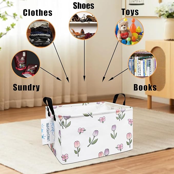 LANGYASHAN Rectangular Storage Bin Collapse Canvas Fabric Cartoon Storage Basket with Handles for Organizing Home Kitchen Boy