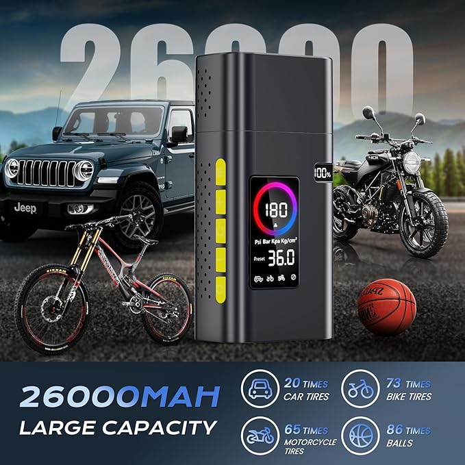 180psi Tire Inflator Portable Air Compressor,26000mah Air Pump For Car Tires,5x Fast Bicycle Pump With Digital Lcd Pressure Gauge/Led Light/Power Bank, Bike, Motorcycle（Black)