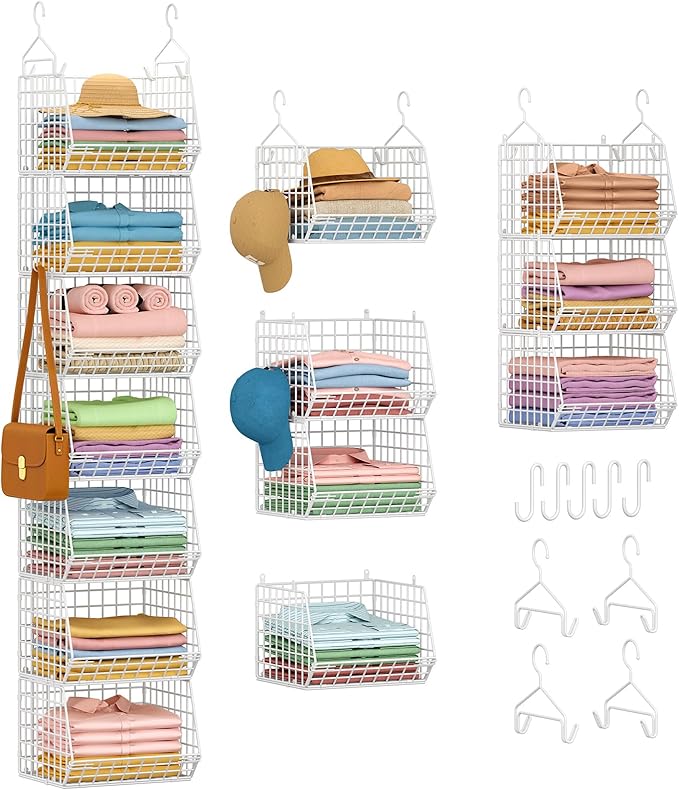 7 Tier Hanging Closet Organizer and Storage, Foldable Wire Closet Shelving with 4 Large Hooks+5 S Hooks,Hanging Basket for Cl