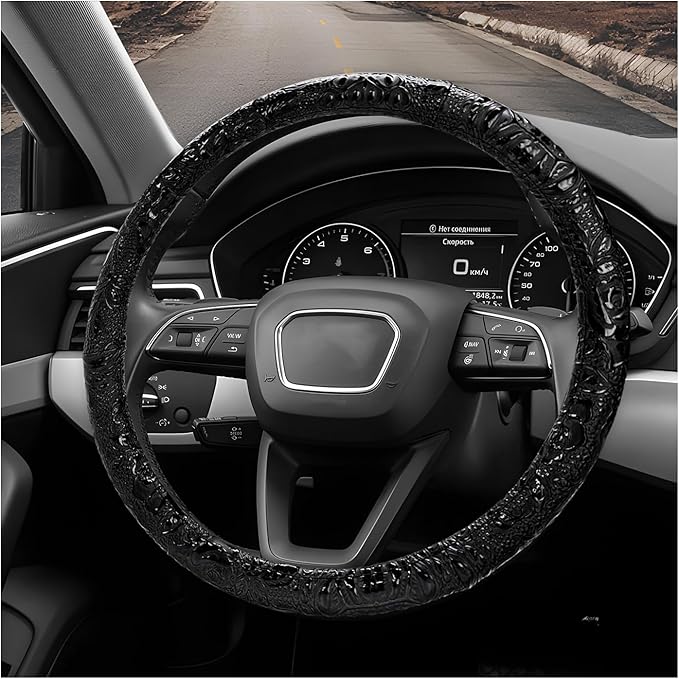 Sun Walker Leather Car Steering Wheel Cover, 15" Anti-Slip Crocodile Pattern Wheel Protector with Rose Grain, Comfortable Gri