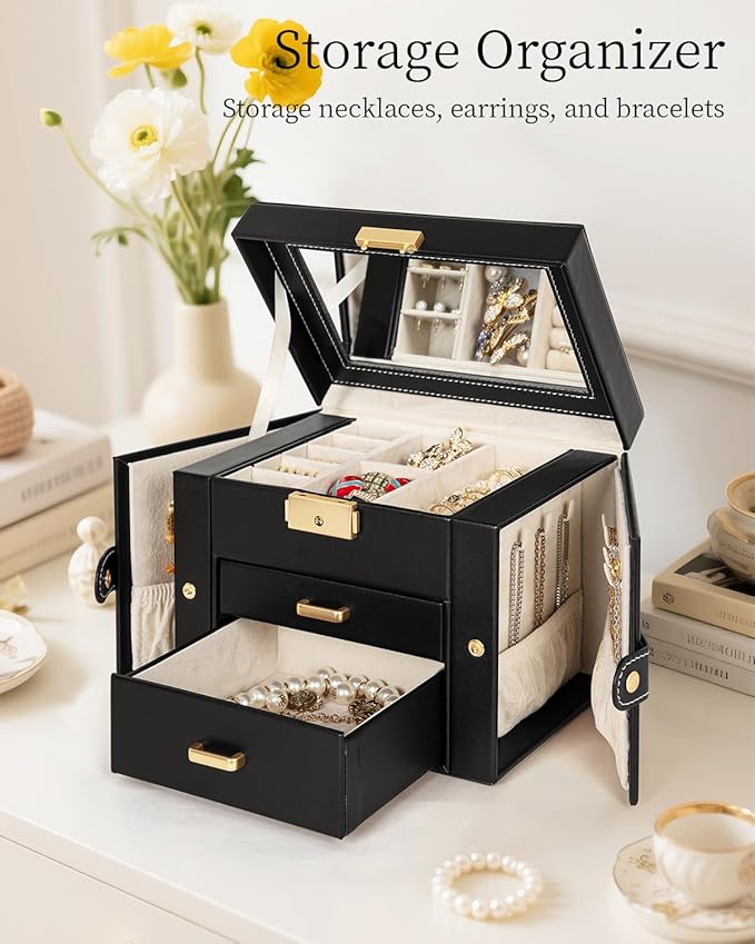 TORIBIO Jewelry Box for Women, Leather Jewelry Organizer with Mirror & Lock, 3-Tier Jewelry Storage Organizer with 2 Drawers 