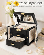 TORIBIO Jewelry Box for Women, Leather Jewelry Organizer with Mirror & Lock, 3-Tier Jewelry Storage Organizer with 2 Drawers 