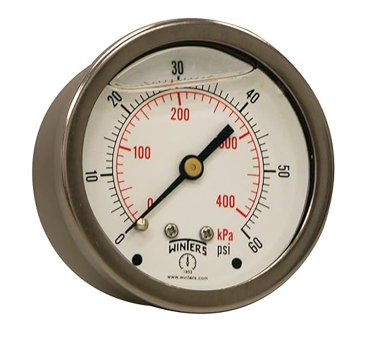 Winters 2-1/2" Dial Size, Liquid Filled Industrial Pressure Gauge, Brass Internals, 304 Stainless Steel Case, Dual Scale 0-60 psi/kPa, 1.5% Acc, 1/4" NPT Back Mount, Glycerin Filled Pressure Gauge