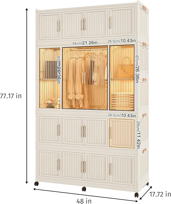 Portable Wardrobe Closet, Folding Bedroom Armoire, Plastic Closet Organizer with Hanging Rod, Clothing Storage Bins with Magn