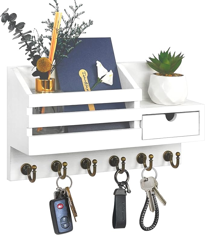FifthQuarter Key Holder Wall Mount: Key and Mail Holder for Wall with 6 Hooks and Storage Drawer, Easy Installation Key Rack 