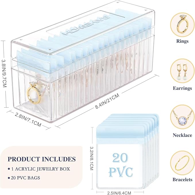 HOMEHIVE Acrylic Jewelry Box Organizer, Clear Jewelry Organizer Holder with 20 Portable Anti Tarnish Jewelry bags, Travel Jew