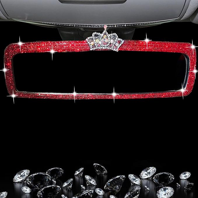 Unifizz Bling Rhinestone Rear View Mirror Cover, Car Rear View Mirror with Crystal Diamonds Bling Rhinestones Car Rear View Mirror Car Interior Trim(Red)