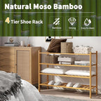 Long Shoe Rack, 4-Tier Bamboo Stackable Shoe Shelf Storage Organizer, Shoe Stand for Closet, Entryway and Hallway