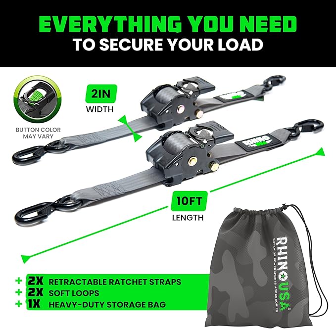 Rhino USA Retractable Ratchet Straps (2-Pack) - 2 Inch x 10 Feet (3,033lb Break Strength) - Heavy Duty Auto Self Retracting Tie Down Straps for Truck, Cargo Trailer, Motorcycle, Rad & More - Gray