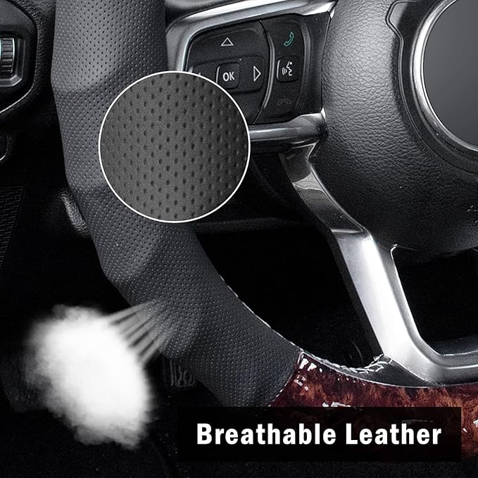 KAFEEK Wood Grain Steering Wheel Cover, Universal 15 Inch, Car Steering Wheel Protector Men Women, Comfort Finger Grips, Brea